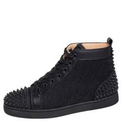 مملوكة مسبقًا Christian Louboutin Black Leather And Cotton Fabric Lou Spikes 2 High Top Sneakers Size 40