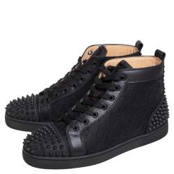 مملوكة مسبقًا Christian Louboutin Black Leather And Cotton Fabric Lou Spikes 2 High Top Sneakers Size 40