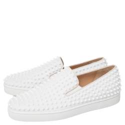 Pre Owned Christian Louboutin White Leather Roller Boat Spike Slip On Sneakers Size 44.5