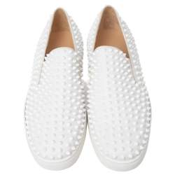 Pre Owned Christian Louboutin White Leather Roller Boat Spike Slip On Sneakers Size 44.5