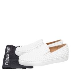 Pre Owned Christian Louboutin White Leather Roller Boat Spike Slip On Sneakers Size 44.5