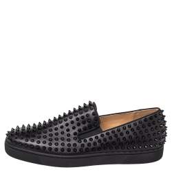 مملوكة مسبقًا Christian Louboutin Black Leather Roller Boat Spike Slip On Sneakers Size 44.5