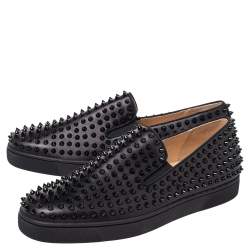 مملوكة مسبقًا Christian Louboutin Black Leather Roller Boat Spike Slip On Sneakers Size 44.5