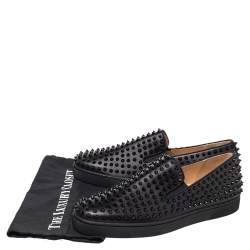 مملوكة مسبقًا Christian Louboutin Black Leather Roller Boat Spike Slip On Sneakers Size 44.5