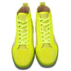 Christian Louboutin Neon Green Suede And Leather Louis P Strass II High Top Sneakers Size 41.5