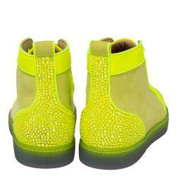 Christian Louboutin Neon Green Suede And Leather Louis P Strass II High Top Sneakers Size 41.5