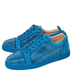 Pre Owned Christian Louboutin Blue Suede Louis Junior Strass Low Top Sneakers Size 40 