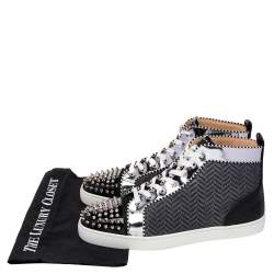 Christian Louboutin Black/Silver Leather And Woven Fabric Spikes Orlato Flat Sneakers Size 44.5