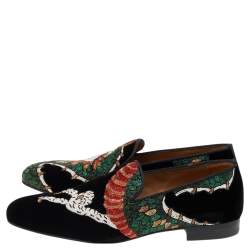 Pre Owned حذاء لوفرز كريستيان لوبوتان سليب أون هنري تاتو قطيفة طباعة دراغون أسود مقاس 41.5