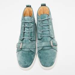 Christian Louboutin Teal Suede Nono Strap Belted Buckle Logo Hi-Top Sneakers Size 43.5