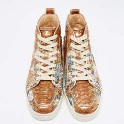 Christian Louboutin Metallic Mustard/Brown Python Leather Rantus Orlato High-Top Sneakers Size 40