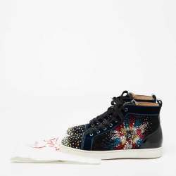 Pre Owned Christian Louboutin Black/Blue Suede, Velvet and Patent Leather Louis on Fire Fireworks High-Top Sneakers Size 43