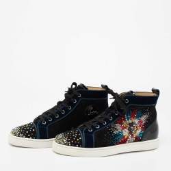 Pre Owned Christian Louboutin Black/Blue Suede, Velvet and Patent Leather Louis on Fire Fireworks High-Top Sneakers Size 43