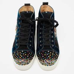 Pre Owned Christian Louboutin Black/Blue Suede, Velvet and Patent Leather Louis on Fire Fireworks High-Top Sneakers Size 43