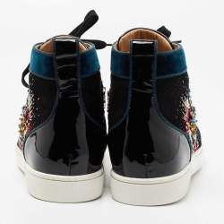 Pre Owned Christian Louboutin Black/Blue Suede, Velvet and Patent Leather Louis on Fire Fireworks High-Top Sneakers Size 43