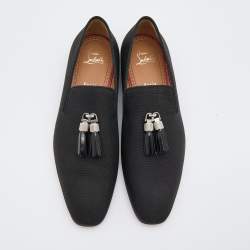 مملوكة مسبقًا Christian Louboutin Black Nylon Rivalion Tassel Smoking Slippers Size 43
