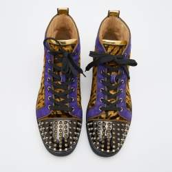 Christian Louboutin Multicolor Leather and Animal Print Fabric Lou Spikes Sneakers Size 43.5