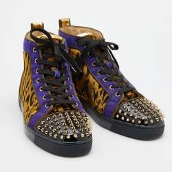 Christian Louboutin Multicolor Leather and Animal Print Fabric Lou Spikes Sneakers Size 43.5