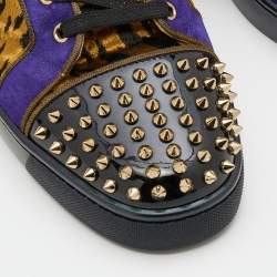 Christian Louboutin Multicolor Leather and Animal Print Fabric Lou Spikes Sneakers Size 43.5