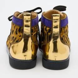 Christian Louboutin Multicolor Leather and Animal Print Fabric Lou Spikes Sneakers Size 43.5