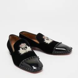 Pre Owned Christian Louboutin Black/Navy Blue Velvet Captain Loubi Loafers Size 40