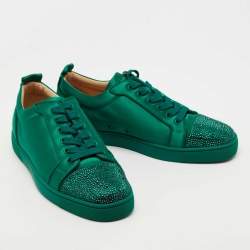 مملوكة مسبقًا Christian Louboutin Green Satin Louis Junior Strass Low Top Sneakers Size 42.5