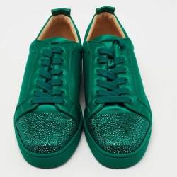 مملوكة مسبقًا Christian Louboutin Green Satin Louis Junior Strass Low Top Sneakers Size 42.5