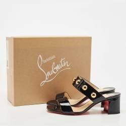 Pre Owned Christian Louboutin Black Patent Leather Bille 55 Studded Slide Sandals Size 38
