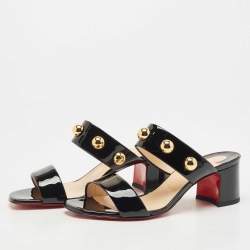 Pre Owned Christian Louboutin Black Patent Leather Bille 55 Studded Slide Sandals Size 38