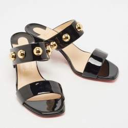 Pre Owned Christian Louboutin Black Patent Leather Bille 55 Studded Slide Sandals Size 38