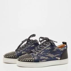 Christian Louboutin Black/Blue Leather and Lurex Fabric Louis Junior Spikes Low Top Sneakers Size 39.5