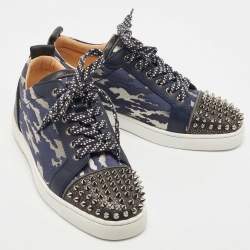 Christian Louboutin Black/Blue Leather and Lurex Fabric Louis Junior Spikes Low Top Sneakers Size 39.5