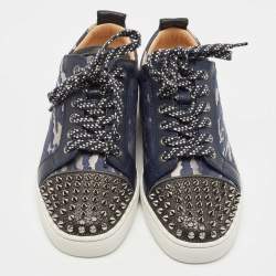 Christian Louboutin Black/Blue Leather and Lurex Fabric Louis Junior Spikes Low Top Sneakers Size 39.5