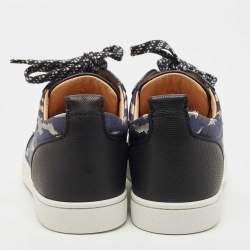 Christian Louboutin Black/Blue Leather and Lurex Fabric Louis Junior Spikes Low Top Sneakers Size 39.5