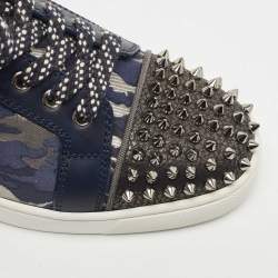 Christian Louboutin Black/Blue Leather and Lurex Fabric Louis Junior Spikes Low Top Sneakers Size 39.5