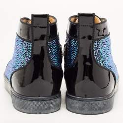 Christian Louboutin Black Patent Leather and Suede Embellished Louis High-Top Sneakers Size 40.5
