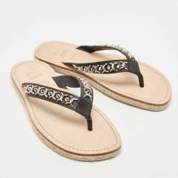 Pre Owned  Christian Louboutin Black Leather Spike Thong Sandals Size 43