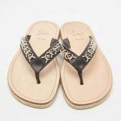 Pre Owned  Christian Louboutin Black Leather Spike Thong Sandals Size 43