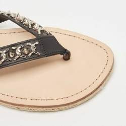 Pre Owned  Christian Louboutin Black Leather Spike Thong Sandals Size 43