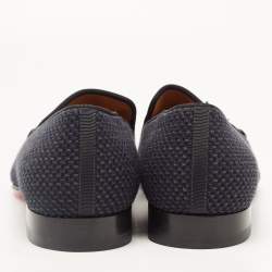 Pre Owned Christian Louboutin Navy Blue/Black Woven Fabric and Leather Spiked Tassel Smoking Slippers Size 42
