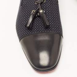 Pre Owned Christian Louboutin Navy Blue/Black Woven Fabric and Leather Spiked Tassel Smoking Slippers Size 42