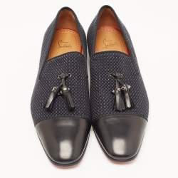 Pre Owned Christian Louboutin Navy Blue/Black Woven Fabric and Leather Spiked Tassel Smoking Slippers Size 42