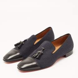 Pre Owned Christian Louboutin Navy Blue/Black Woven Fabric and Leather Spiked Tassel Smoking Slippers Size 42