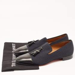 Pre Owned Christian Louboutin Navy Blue/Black Woven Fabric and Leather Spiked Tassel Smoking Slippers Size 42
