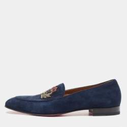Pre Owned Christian Louboutin Navy Blue Suede Nile Loafers Size 43