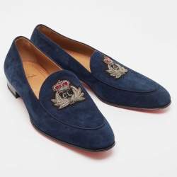 Pre Owned Christian Louboutin Navy Blue Suede Nile Loafers Size 43