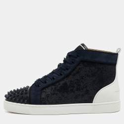 Pre Owned Christian Louboutin Navy Blue/White Leather Lou Spike Orlato Sneakers Size41