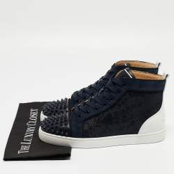 Pre Owned Christian Louboutin Navy Blue/White Leather Lou Spike Orlato Sneakers Size41