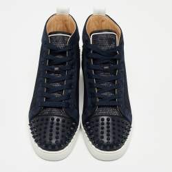 Pre Owned Christian Louboutin Navy Blue/White Leather Lou Spike Orlato Sneakers Size41