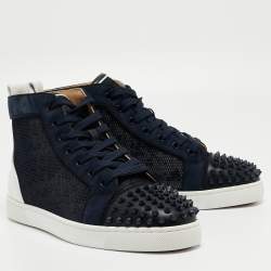 Pre Owned Christian Louboutin Navy Blue/White Leather Lou Spike Orlato Sneakers Size41